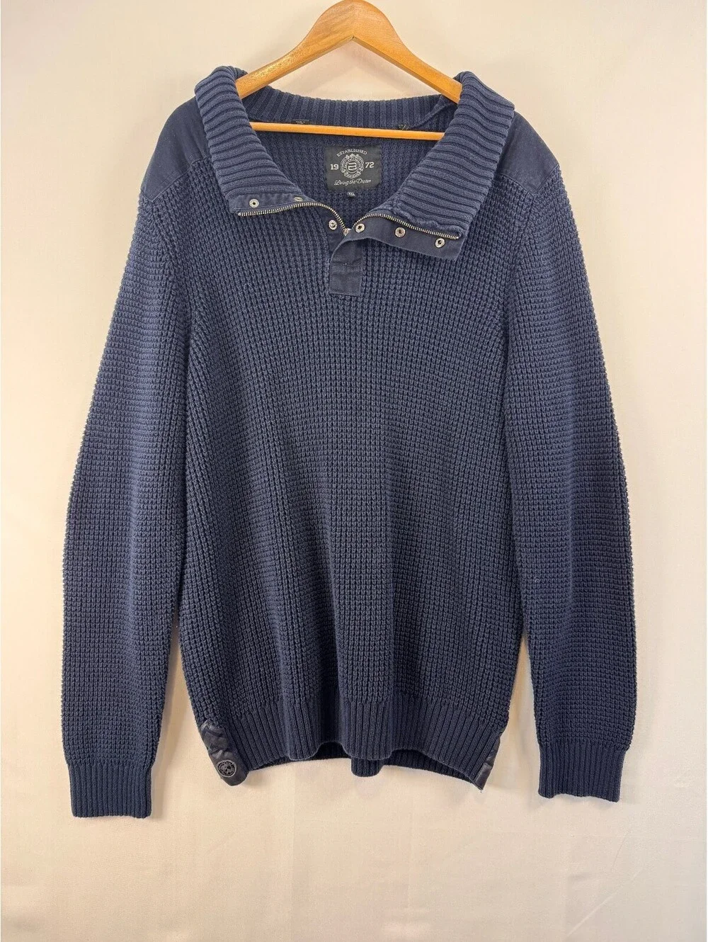 Quarter Zip Waffle Knit Sweater Navy Elbow Patch Preppy Old Money Heritage XXL